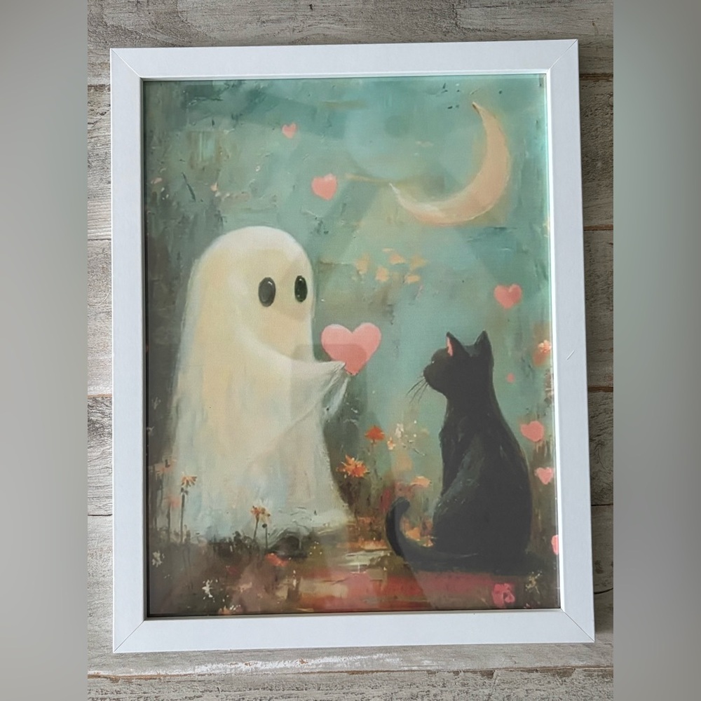 Cute black cat and ghost framed 8.5x11”
Print